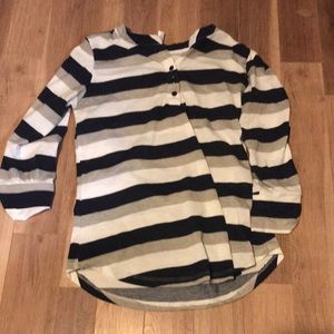 Half down stripped blue grey and beige long sleeve button down.